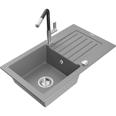Mexen Pablo Granitspüle 1-Becken mit Abtropffläche und Küchenarmatur Flora, grau - 6510-71-670401-07