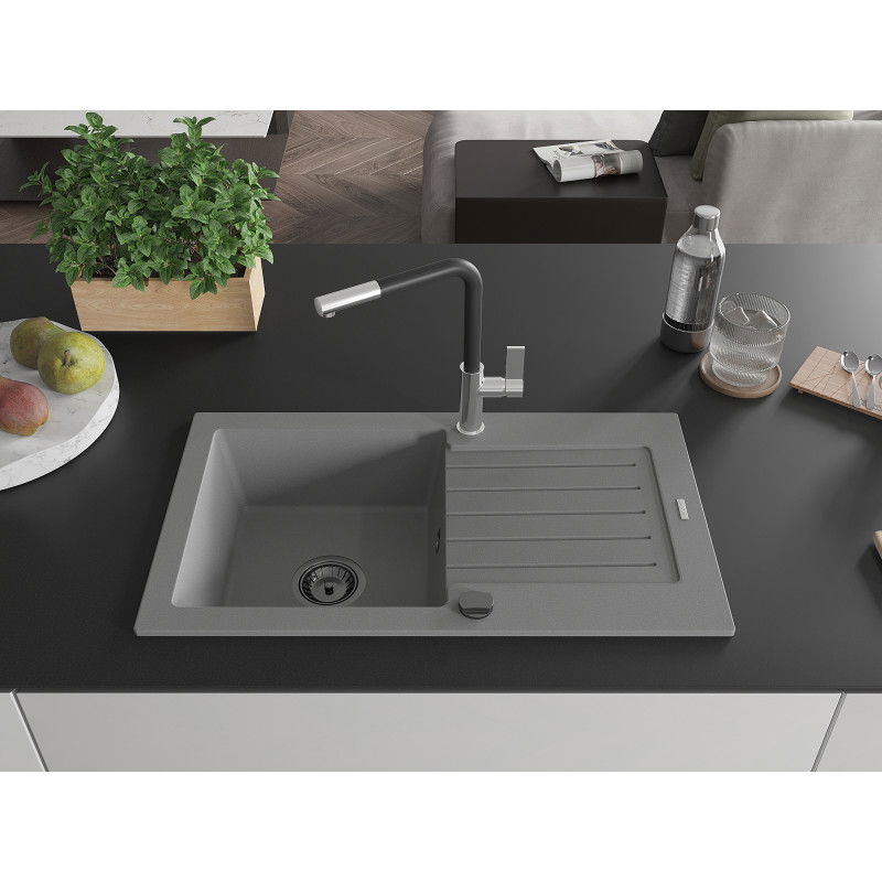 Mexen Pablo granite sink 1-bowl with drainer and Flora kitchen tap, grey - 6510-71-670401-07-B