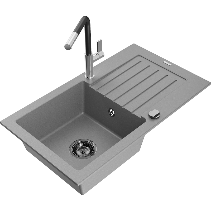Mexen Pablo granieten gootsteen, 1-kompartement met afdruiprek en keukenmengkraan Flora, grijs - 6510-71-670401-07-B
