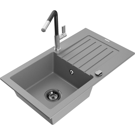 Mexen Pablo granieten gootsteen, 1-kompartement met afdruiprek en keukenmengkraan Flora, grijs - 6510-71-670401-07-B