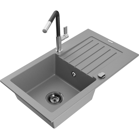 Mexen Pablo granite sink 1-bowl with drainer and Flora kitchen tap, grey - 6510-71-670401-07-B