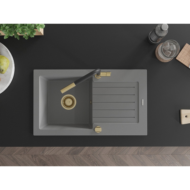 Mexen Pablo granitische spoelbak met 1 kom, afdruiprek en keukenmengkraan Flora, grijs - 6510-71-670401-57-G