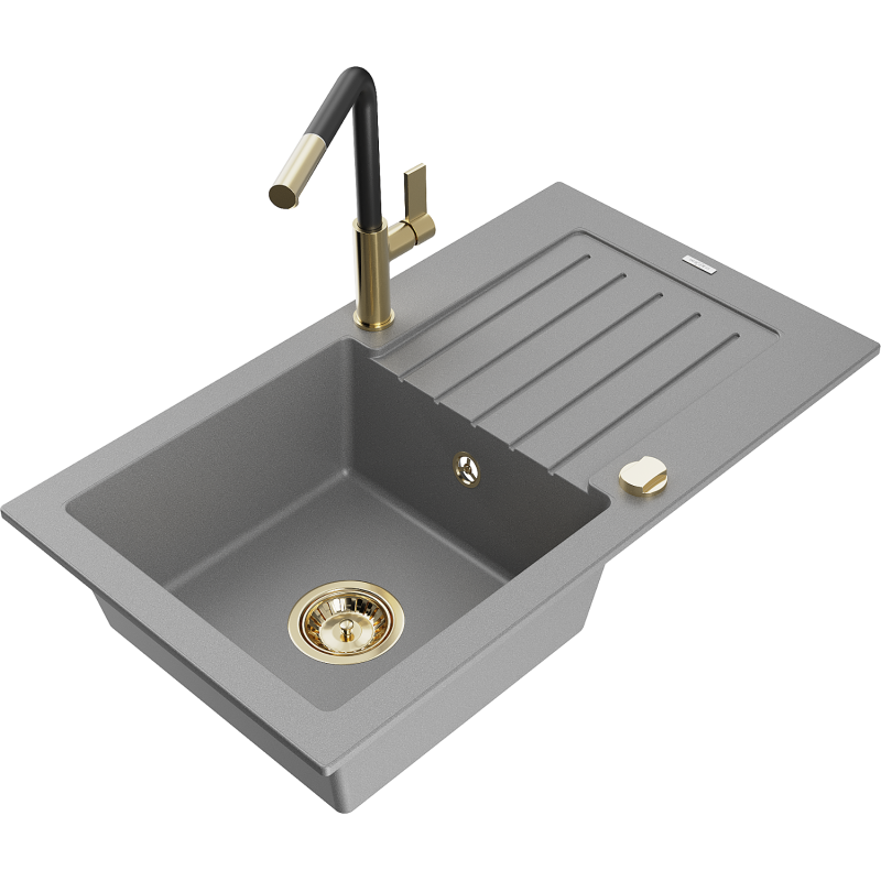 Mexen Pablo fregadero de granito de 1 cámara con escurridor y grifo de cocina Flora, gris - 6510-71-670401-57-G