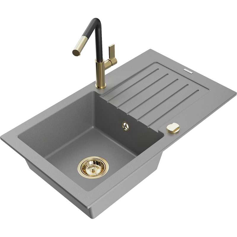 Mexen Pablo lava-louça de granito de 1 cuba com escorredor e torneira de cozinha Flora, cinza - 6510-71-670401-57-G