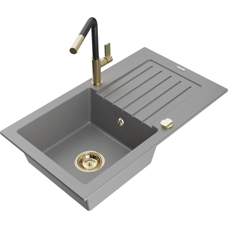Mexen Pablo fregadero de granito de 1 cámara con escurridor y grifo de cocina Flora, gris - 6510-71-670401-57-G