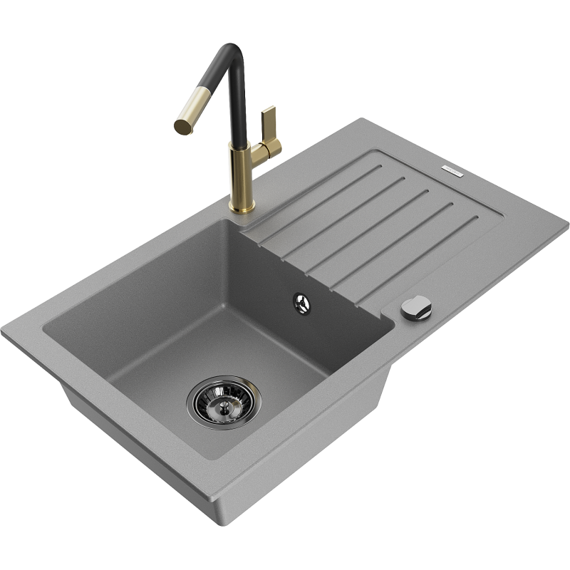 Mexen Pablo fregadero de granito de 1 seno con escurridor y grifo de cocina Flora, gris - 6510-71-670401-57-B