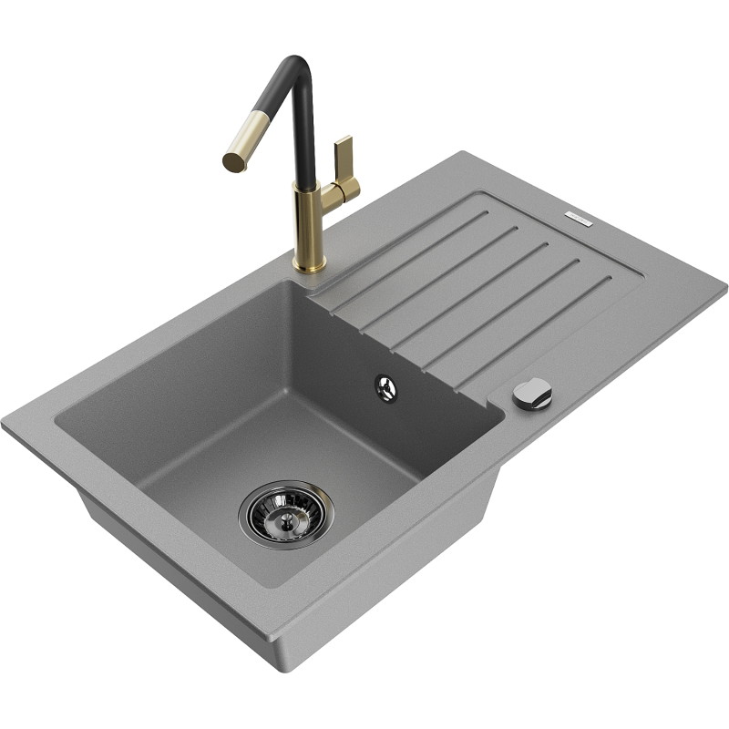Mexen Pablo Granitspüle 1-Becken mit Abtropffläche und Küchenarmatur Flora, grau - 6510-71-670401-57-B