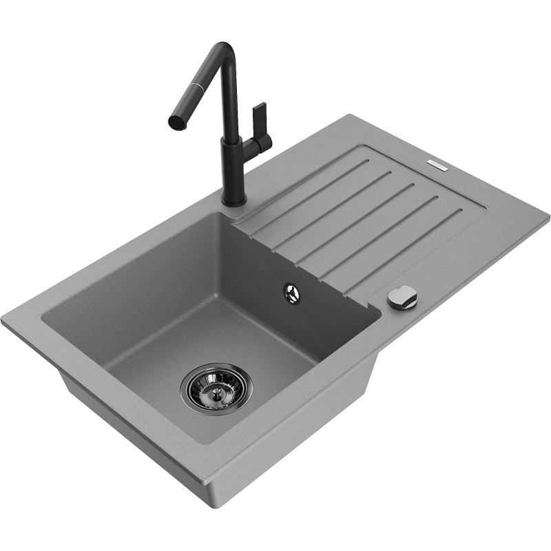 Mexen Pablo fregadero de granito de 1 cubeta con escurridor y grifo de cocina Flora, gris - 6510-71-670401-70-B