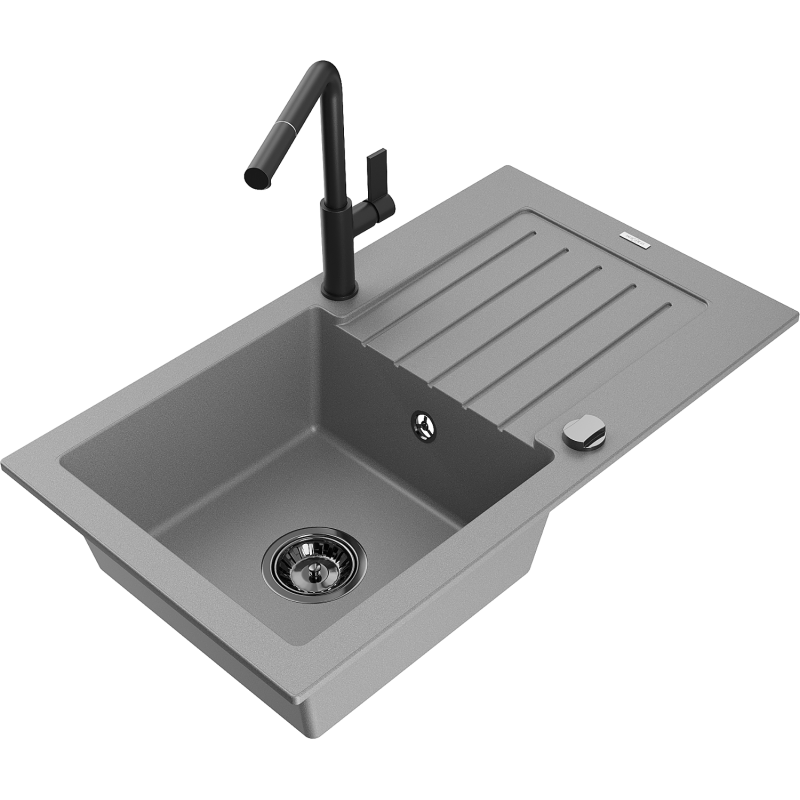 Mexen Pablo fregadero de granito de 1 seno con escurridor y grifo de cocina Flora, gris - 6510-71-670401-70-B