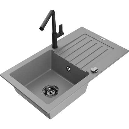 Mexen Pablo 1-bowl granite sink with drainer and Flora kitchen tap, grey - 6510-71-670401-70-B