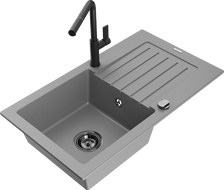 Mexen Pablo 1-bowl granite sink with drainer and Flora kitchen tap, grey - 6510-71-670401-70-B