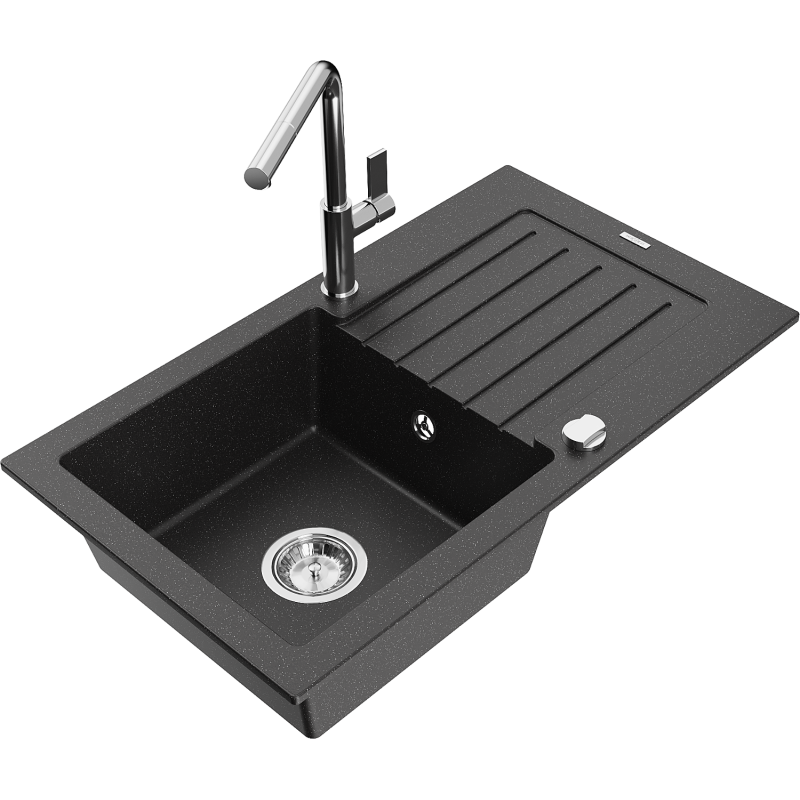 Mexen Pablo granite kitchen sink 1-bowl with drainer and Flora kitchen tap, black/silver metallic - 6510-73-670401-00