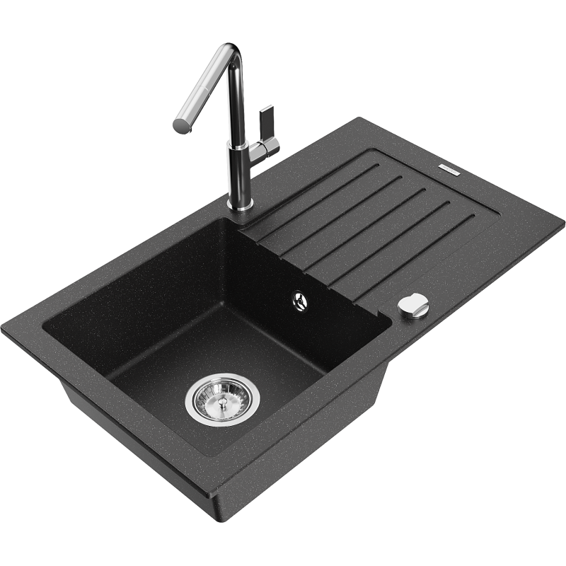 Mexen Pablo lava-loiça de granito de 1-cuba com escorredor e torneira de cozinha Flora, preto/prateado metalizado