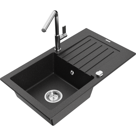 Mexen Pablo granite kitchen sink 1-bowl with drainer and Flora kitchen tap, black/silver metallic - 6510-73-670401-00