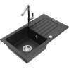 Mexen Pablo granite kitchen sink 1-bowl with drainer and Flora kitchen tap, black/silver metallic - 6510-73-670401-00