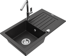 Mexen Pablo granite kitchen sink 1-bowl with drainer and Flora kitchen tap, black/silver metallic - 6510-73-670401-00