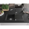 Mexen Pablo Granitspüle 1-Becken mit Abtropffläche und Küchenarmatur Flora, schwarz/silberner Metallic - 6510-73-670401-07