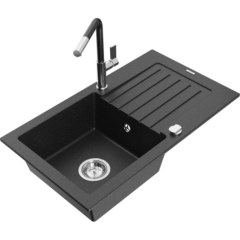 Mexen Pablo 1-Kammer Granitspüle mit Abtropffläche und Küchenarmatur Flora, schwarz/silberner Metallic - 6510-73-670401-07