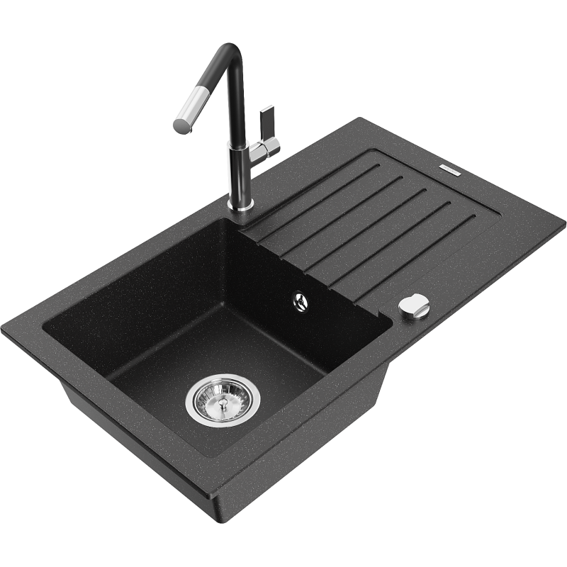 Mexen Pablo Granit-Spullsteen mat 1-Chamber mat Ofleenner an Kichenkran Flora, schwaarz/sëlwermetallesch - 6510-73-670401-07