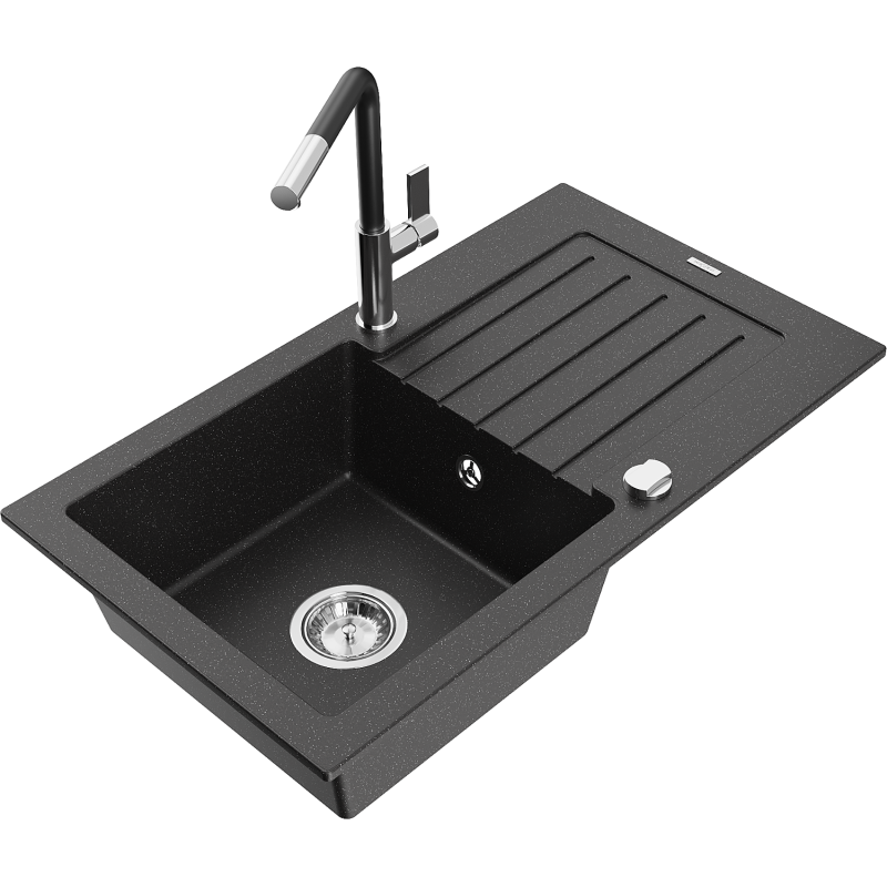 Mexen Pablo Granitspüle 1-Becken mit Abtropffläche und Küchenarmatur Flora, schwarz/silberner Metallic - 6510-73-670401-07