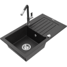 Mexen Pablo Granitspüle 1-Becken mit Abtropffläche und Küchenarmatur Flora, schwarz/silberner Metallic - 6510-73-670401-07