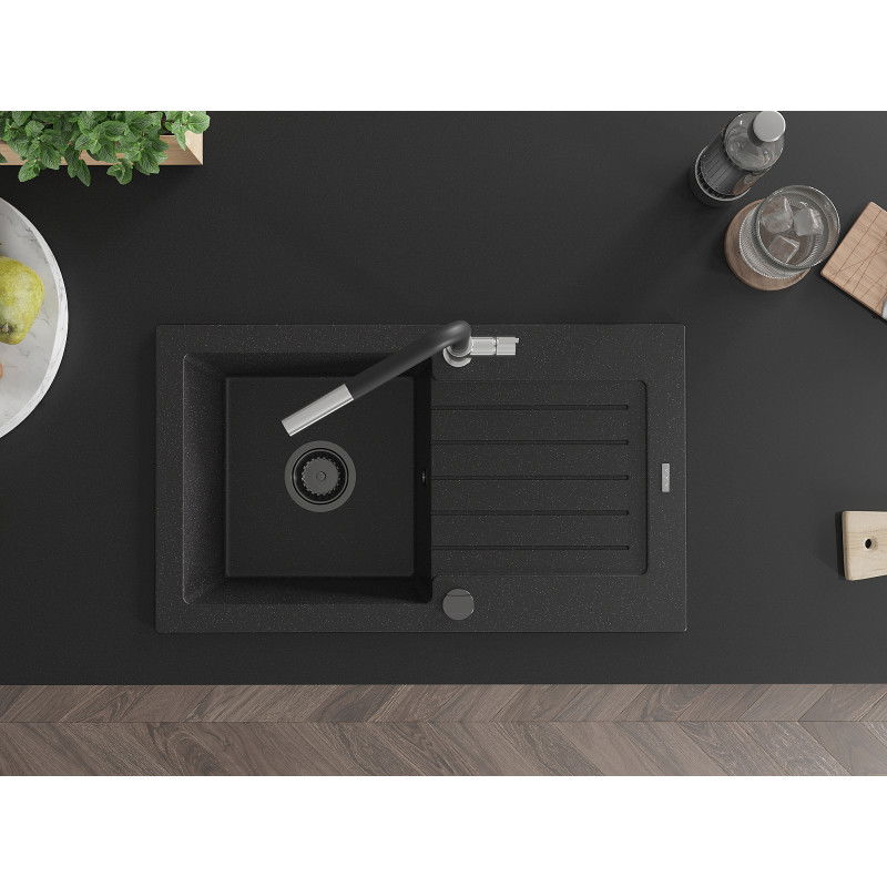 Mexen Pablo Granitspüle 1-becken mit Abtropffläche und Küchenarmatur Flora, schwarz/silber metallic - 6510-73-670401-07-B