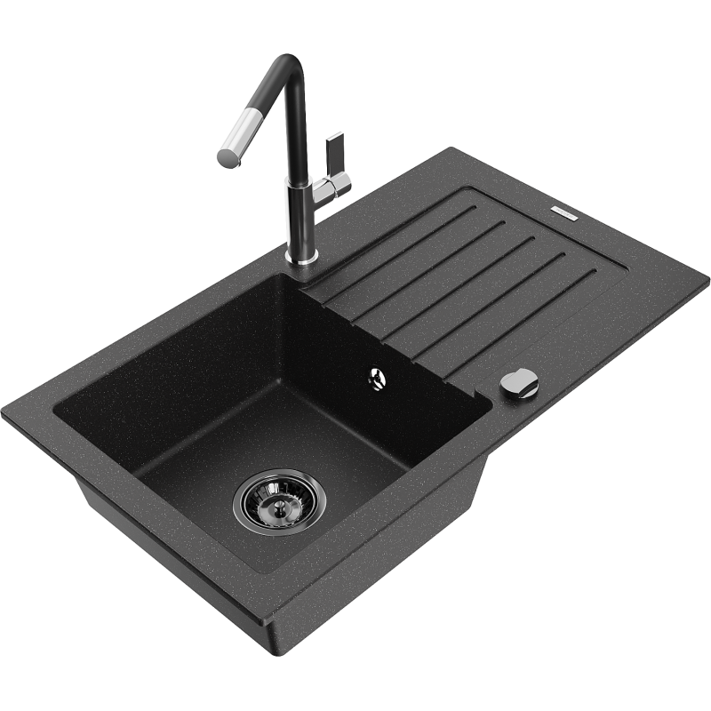 Mexen Pablo Granitspüle 1-becken mit Abtropffläche und Küchenarmatur Flora, schwarz/silber metallic - 6510-73-670401-07-B