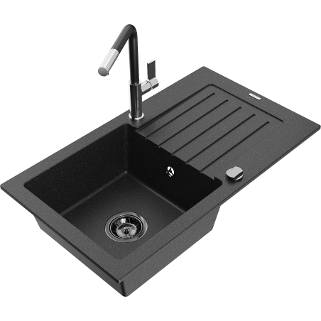 Mexen Pablo Granitspüle 1-becken mit Abtropffläche und Küchenarmatur Flora, schwarz/silber metallic - 6510-73-670401-07-B