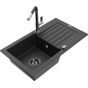 Mexen Pablo Granitspüle 1-becken mit Abtropffläche und Küchenarmatur Flora, schwarz/silber metallic - 6510-73-670401-07-B