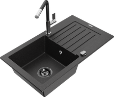 Mexen Pablo 1-bowl granite sink with drainer and Flora kitchen tap, black/silver metallic - 6510-73-670401-07-B