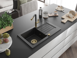 Mexen Pablo granite sink single-bowl with drainer and Flora kitchen tap, black/silver metallic - 6510-73-670401-57-G