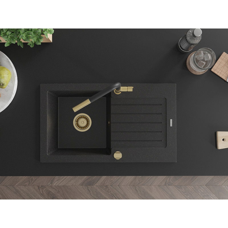 Mexen Pablo Granitspüle 1-Becken mit Abtropffläche und Küchenarmatur Flora, schwarz/silber metallic - 6510-73-670401-57-G
