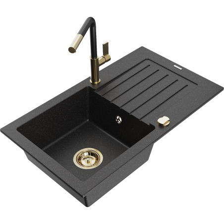 Mexen Pablo granitno pomivalno korito z 1 komoro s kaplnjem in kuhinjsko pipo Flora, črna/srebrna kovinska