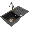 Mexen Pablo granite sink single-bowl with drainer and Flora kitchen tap, black/silver metallic - 6510-73-670401-57-G