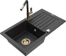 Mexen Pablo granite sink single-bowl with drainer and Flora kitchen tap, black/silver metallic - 6510-73-670401-57-G
