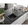 Mexen Pablo Granitspüle 1-beckig mit Abtropffläche und Küchenarmatur Flora, schwarz/silber metallic - 6510-73-670401-57-B
