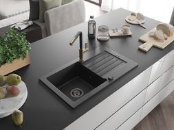 Mexen Pablo 1-bowl granite sink with drainer and Flora kitchen tap, black/silver metallic - 6510-73-670401-57-B
