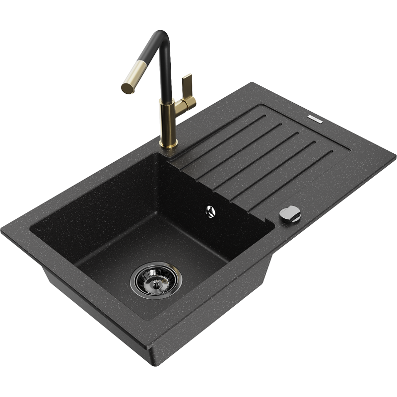 Mexen Pablo Granitspüle 1-beckig mit Abtropffläche und Küchenarmatur Flora, schwarz/silber metallic - 6510-73-670401-57-B