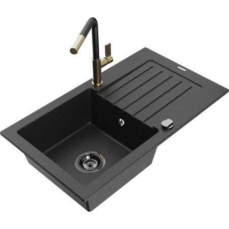 Mexen Pablo Granitspüle 1-beckig mit Abtropffläche und Küchenarmatur Flora, schwarz/silber metallic - 6510-73-670401-57-B
