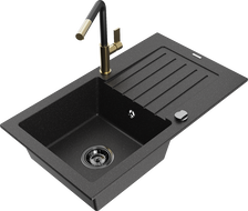 Mexen Pablo 1-bowl granite sink with drainer and Flora kitchen tap, black/silver metallic - 6510-73-670401-57-B