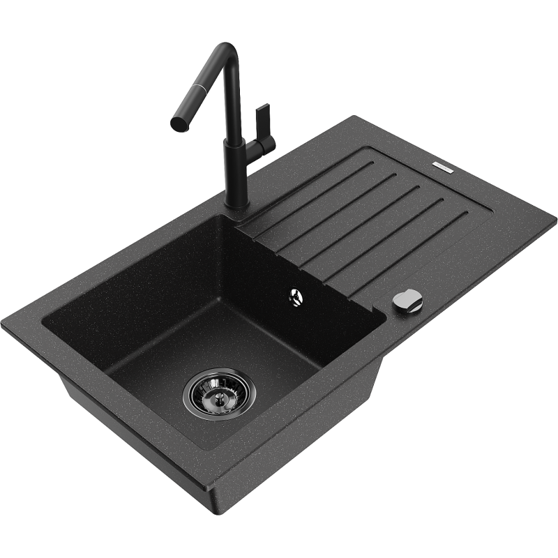 Mexen Pablo Granitspüle mit 1 Becken, Abtropffläche und Küchenarmatur Flora, schwarz/silber metallic - 6510-73-670401-70-B