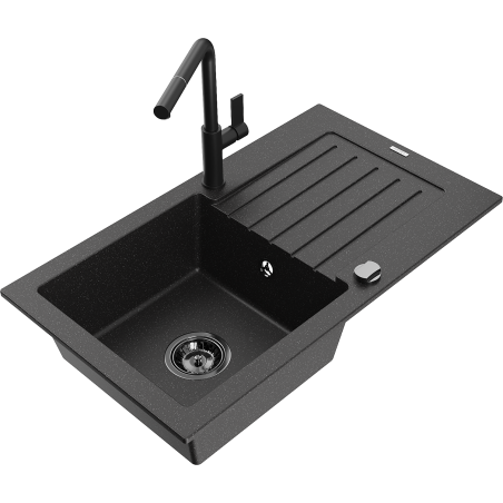 Mexen Pablo Granitspüle mit 1 Becken, Abtropffläche und Küchenarmatur Flora, schwarz/silber metallic - 6510-73-670401-70-B
