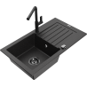 Mexen Pablo Granitspüle mit 1 Becken, Abtropffläche und Küchenarmatur Flora, schwarz/silber metallic - 6510-73-670401-70-B