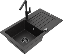 Mexen Pablo 1-bowl granite sink with drainer and Flora kitchen tap, black/silver metallic - 6510-73-670401-70-B