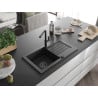 Mexen Pablo Granitspüle mit 1 Becken, Abtropffläche und Küchenarmatur Flora, schwarz/silber metallic - 6510-73-670401-70-B