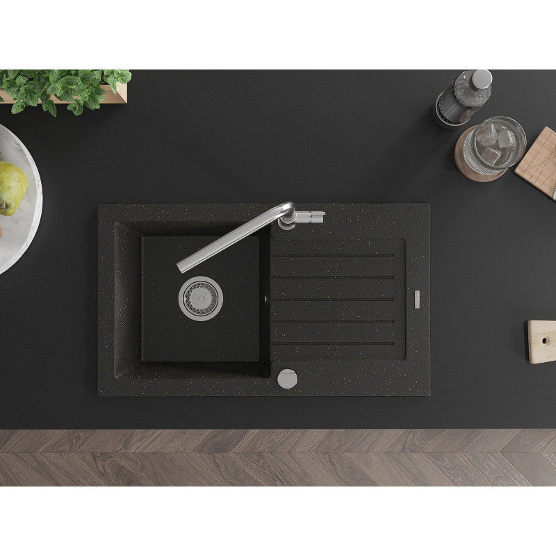 Mexen Pablo granitizlietne ar 1 nodalījumu ar noteces virsmu un virtuves krānu Flora, melna/zeltīta metālika - 6510-75-670401-00