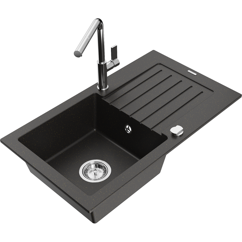 Mexen Pablo fregadero de granito de 1 cubeta con escurridor y grifo de cocina Flora, negro/oro metálico - 6510-75-670401-00