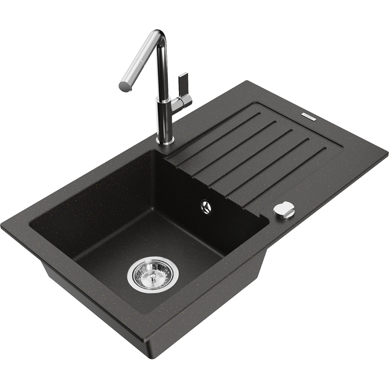 Mexen Pablo granite sink 1-bowl with drainer and Flora kitchen tap, black/gold metallic - 6510-75-670401-00