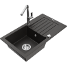 Mexen Pablo granite sink 1-bowl with drainer and Flora kitchen tap, black/gold metallic - 6510-75-670401-00