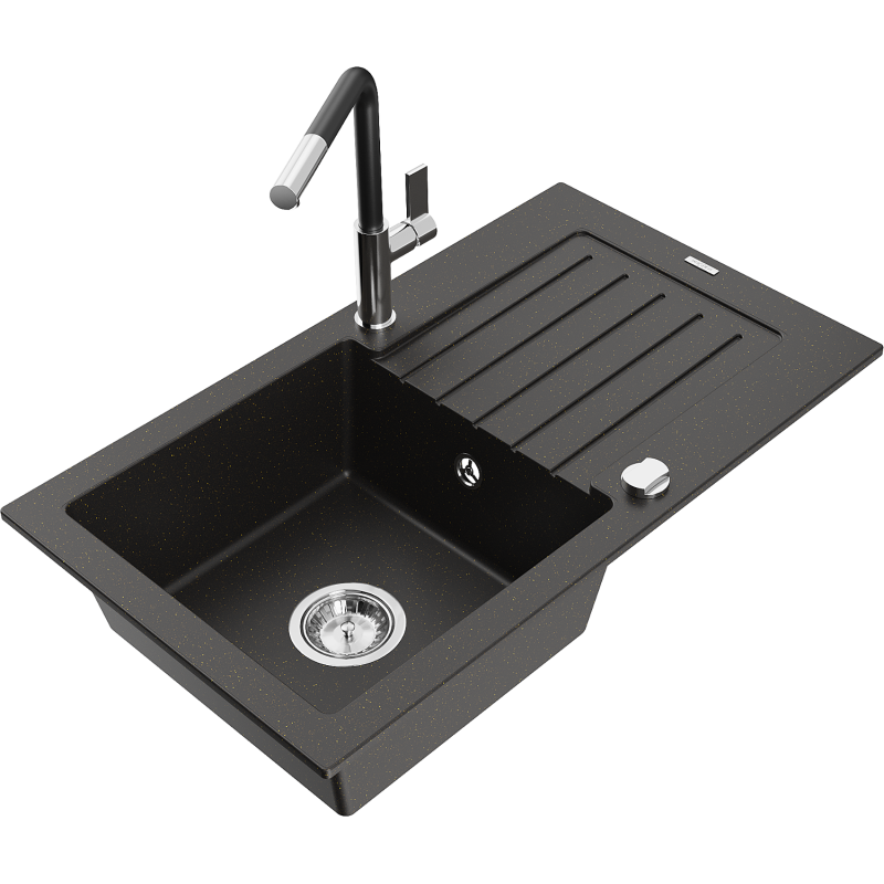Mexen Pablo 1-bowl granite sink with drainer and Flora kitchen tap, black/gold metallic - 6510-75-670401-07